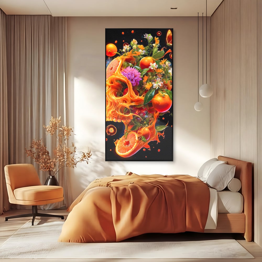 Tablou canvas cu tablou canvas cu craniu din portocale, in rama de aluminiu negru, pe perete intr-un dormitor